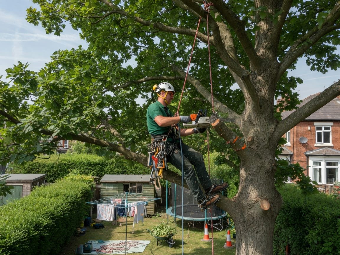 Tree surgeon working in a garden oak